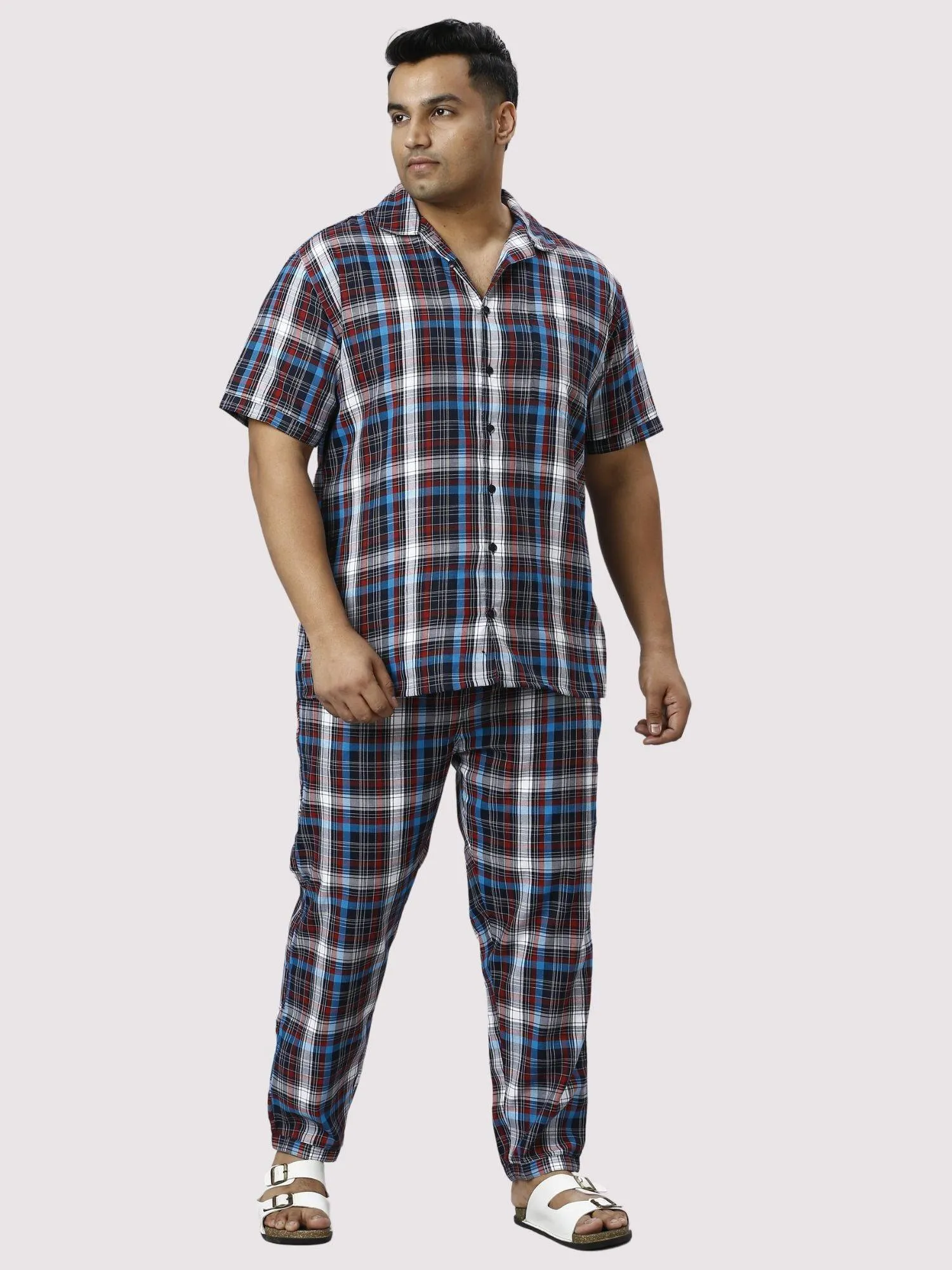 Red and Blue Checks Printed Full Co-ords Set Men's Plus Size