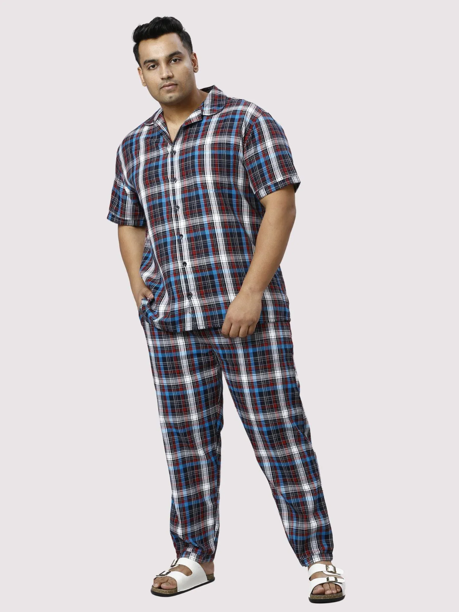 Red and Blue Checks Printed Full Co-ords Set Men's Plus Size