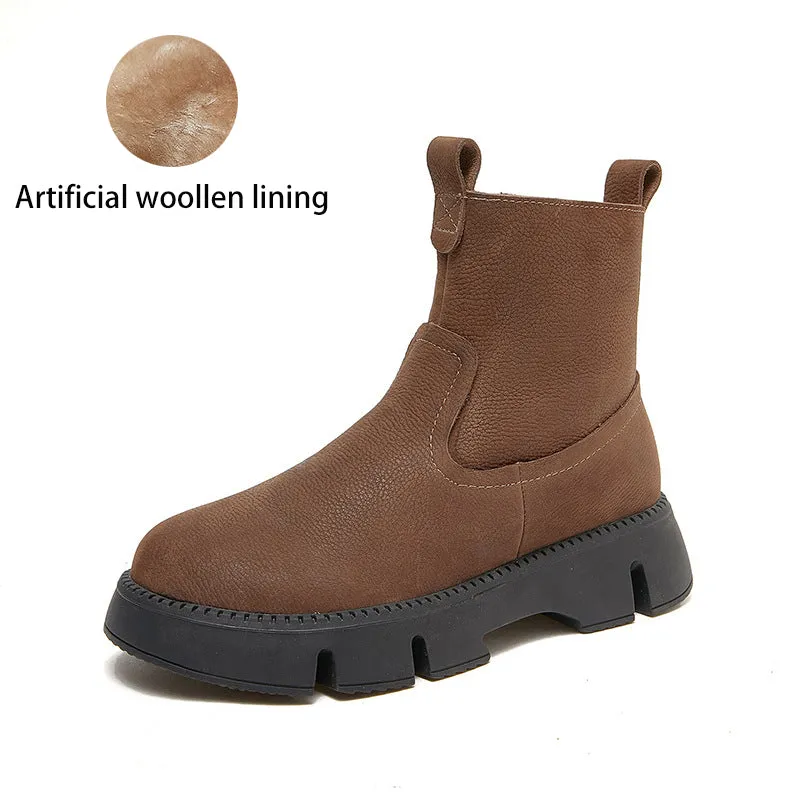 Retro Cowhide Chunky Martin Boots Women Comfy Zip Walking Boots Gray/Apricot