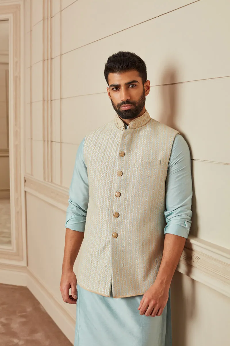 Sky Blue Raw Silk Kurta Bundi Set