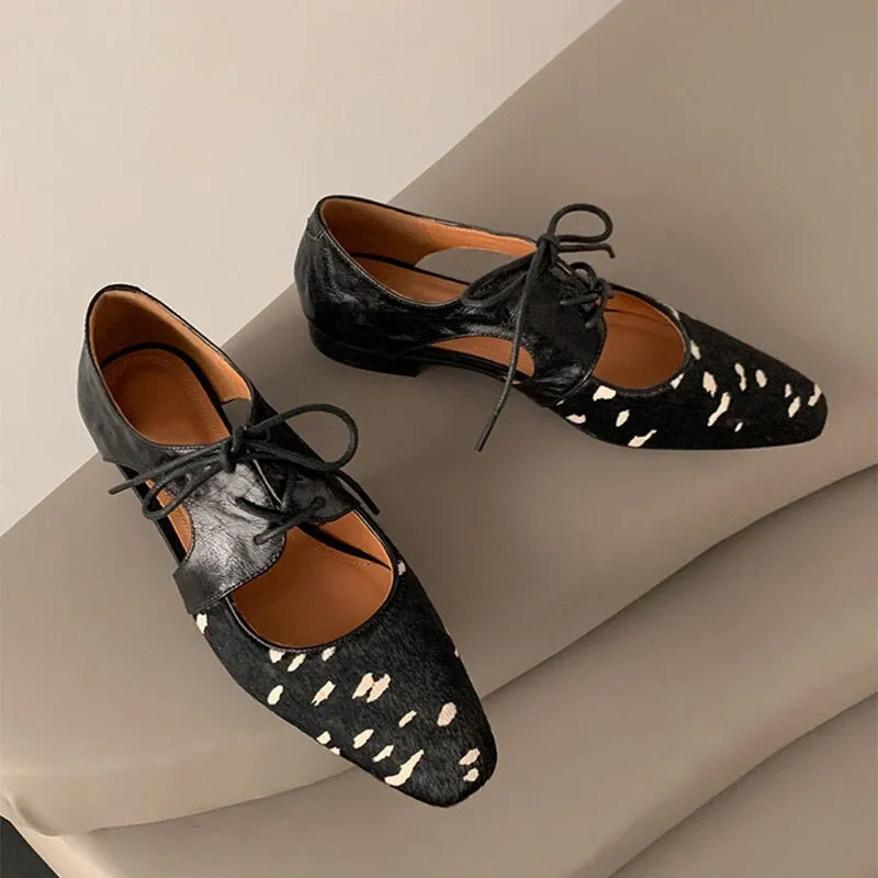 Soft Leather Lace Up Mary Jane Flats Oxfords Handmade in Black/Brown