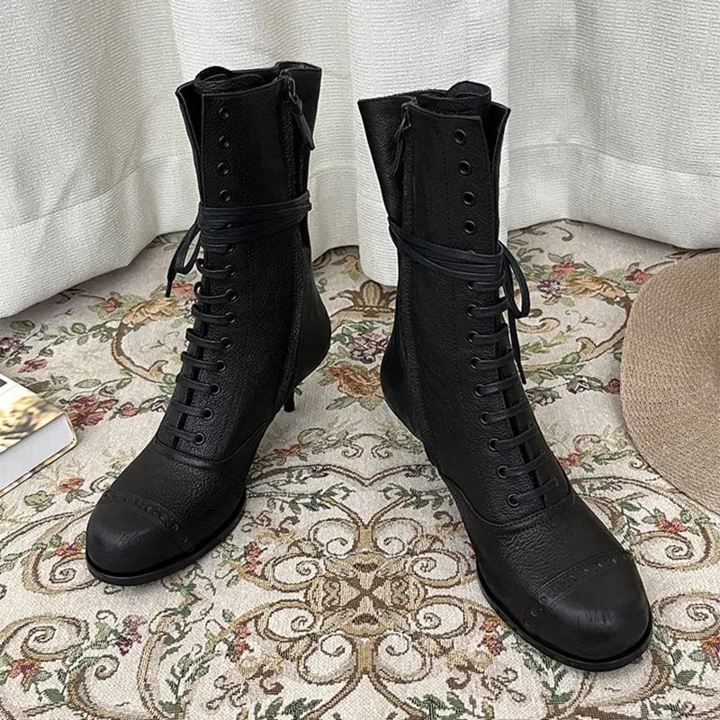 Vintage Martin Boots Square Toe Lace Up Kitty Heel Women's Boots In Coffee/Black