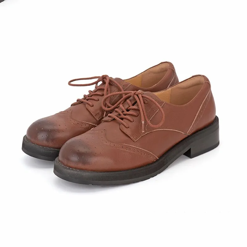 Women Lace up Oxfords Shoes Handmade Leather W Toe Cap Brogues in Brown/Black